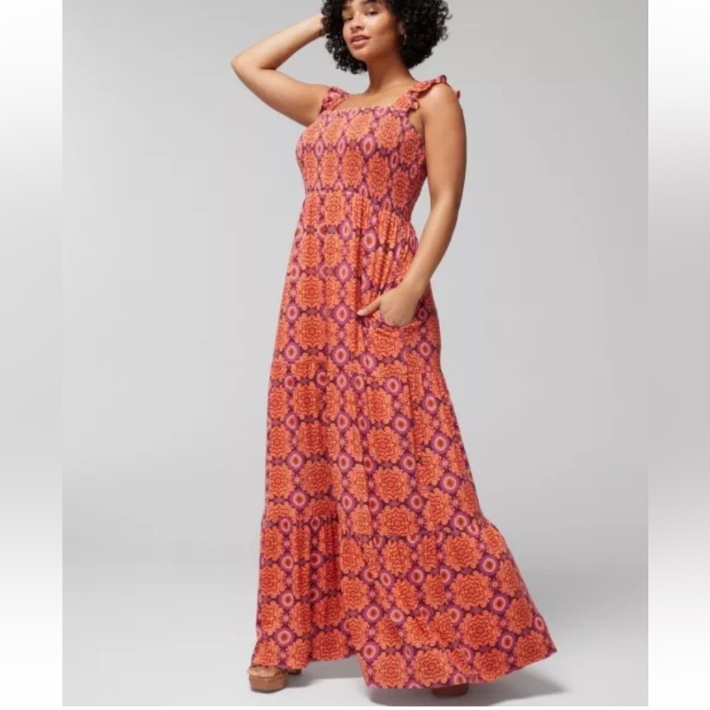 Soma Soft Jersey Flutter Sleeve Tiered Maxi Bra Dress Smocked Peasant Boho NWT